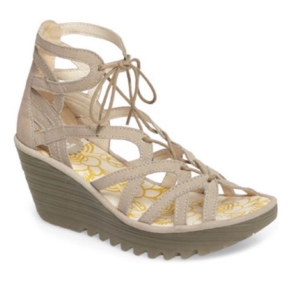FLY LONDON METALLIC YUKE LACE UP WEDGE SANDALS SIZE 38
